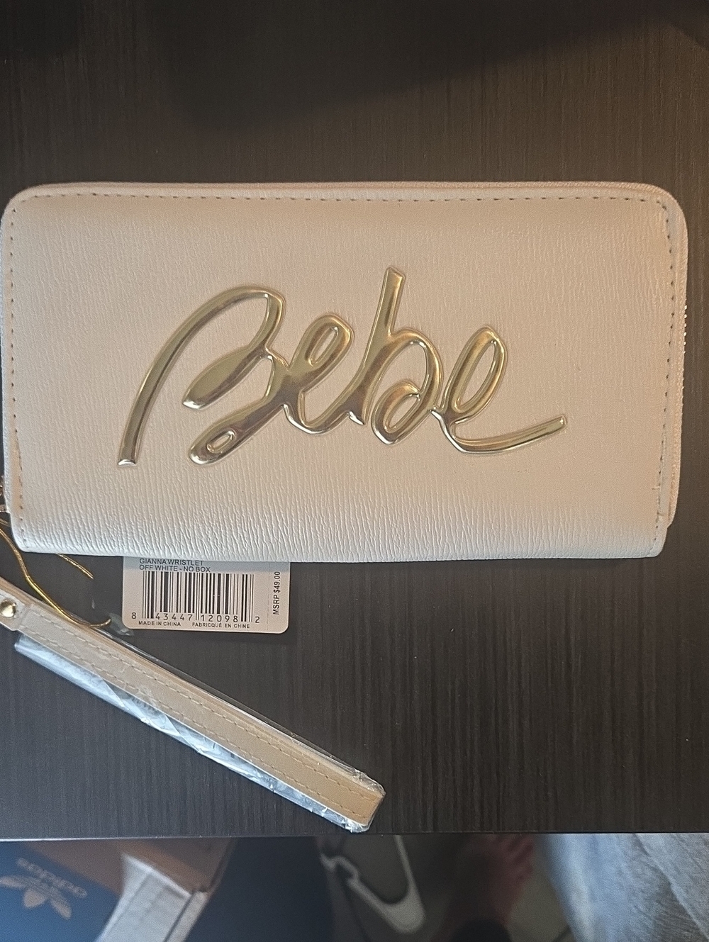 bebe Gianna OffWhite Wristlet Wallet with Gold Logo NWT